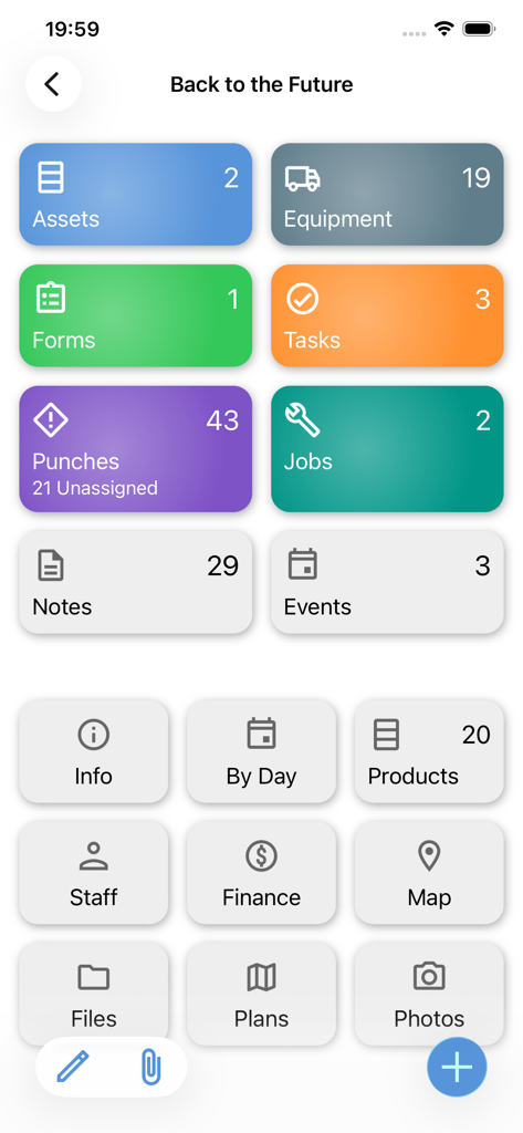 Upvise mobile app dashboard displaying colorful tiles for assets equipment forms tasks and jobs