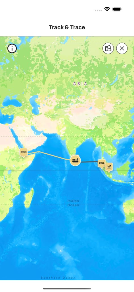 Kartenoberfläche in der App zur Verfolgung von Container-Sendungen, die eine Schiffsroute zwischen Häfen im Indischen Ozean zeigt.