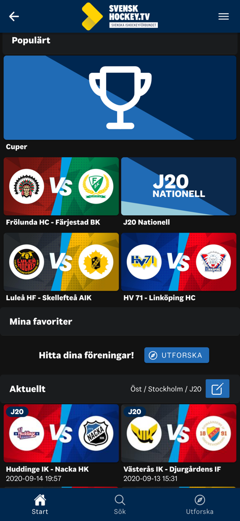 Svenskhockey.tv - Home screen of the Svenskhockey.tv app featuring Swedish hockey league matches and live streams.