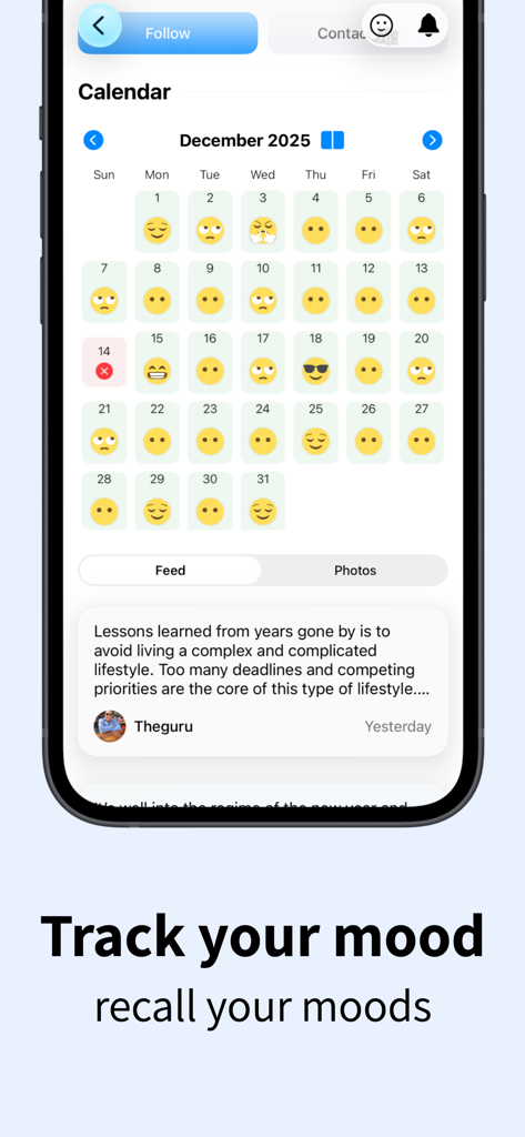 BlogIt - diary, journal, blog - BlogIt app calendar view showing daily mood tracking with emojis.