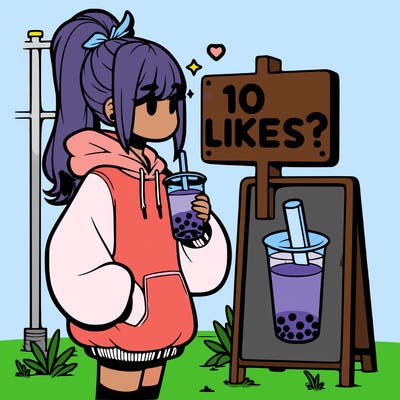 girl with oversized hoodie drinking boba and she has a high ponytail with a sign that says 10likes?