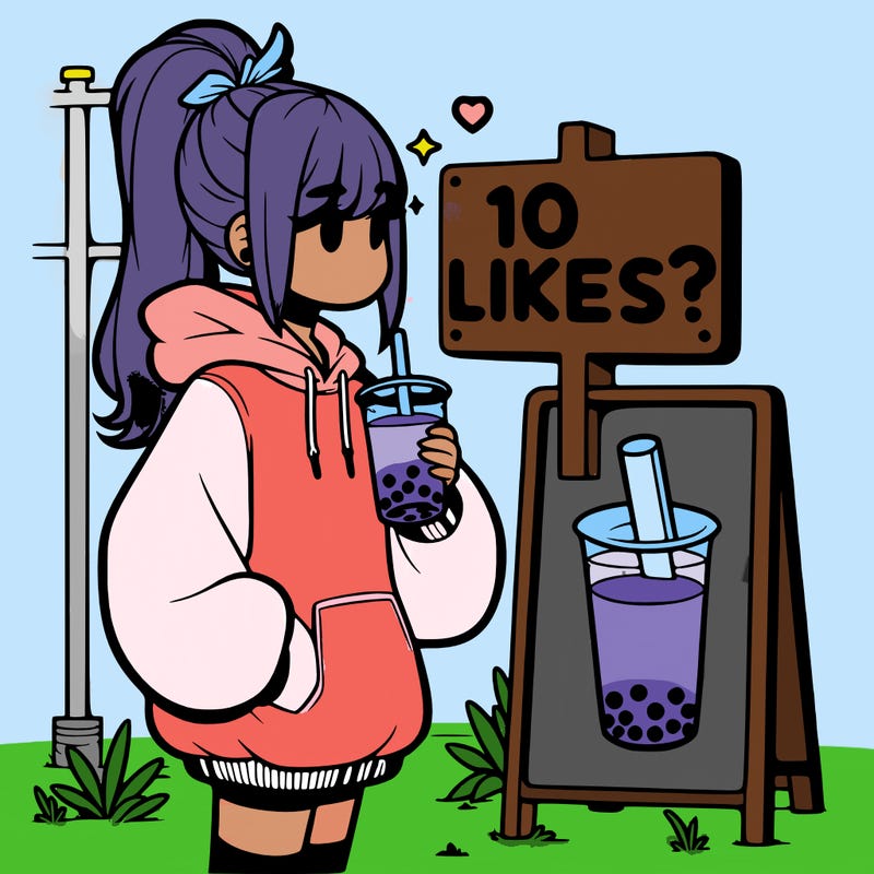 girl with oversized hoodie drinking boba and she has a high ponytail with a sign that says 10likes?