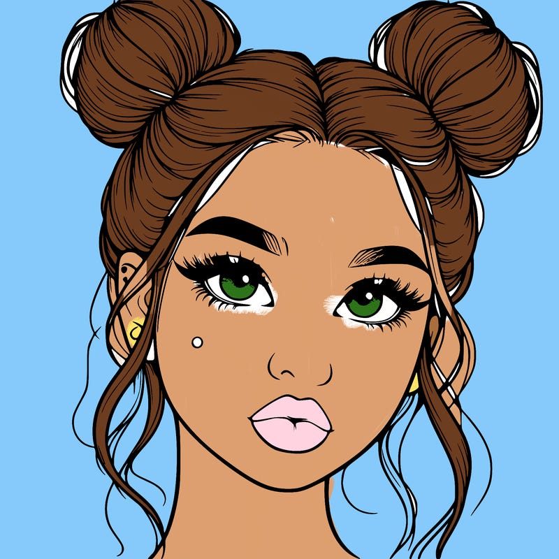 realistic girl with two buns on her hair and lips