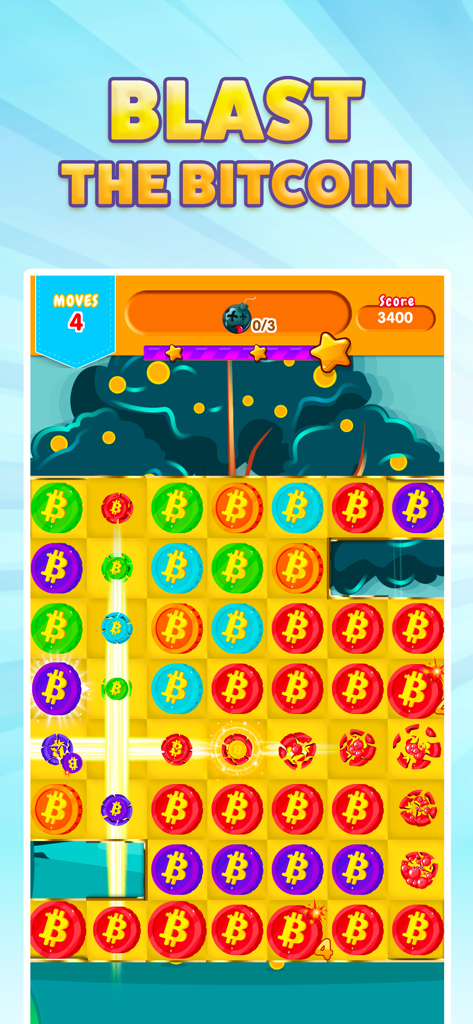 Bitcoin Blast - Capture d'écran du gameplay de Bitcoin Blast montrant une grille de puzzle match 3 avec des pièces colorées sur le thème du bitcoin et une animation d'explosion.