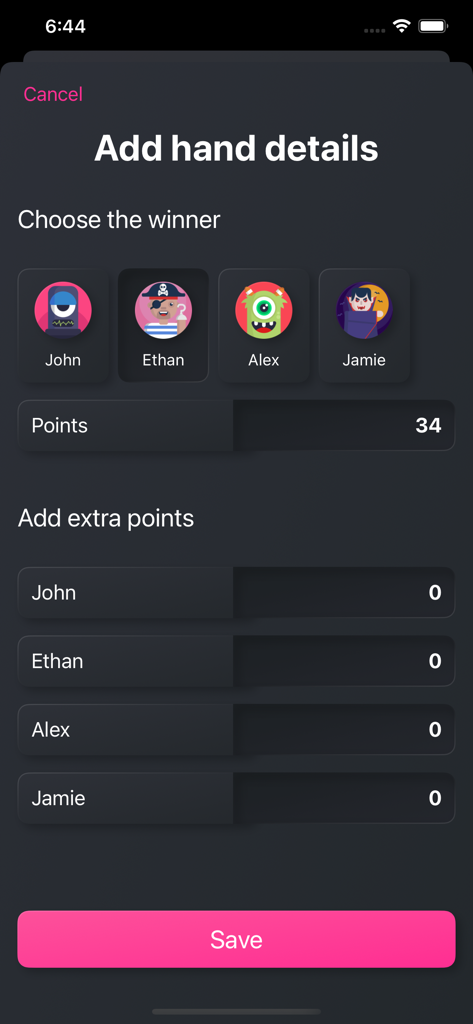 Dominotes - A mobile app interface for entering domino game scores and selecting the winning player.