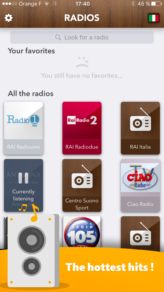 Benutzeroberfläche der Italien Radio App, die eine Sammlung italienischer Radiosender wie RAI und Radio 105 zeigt