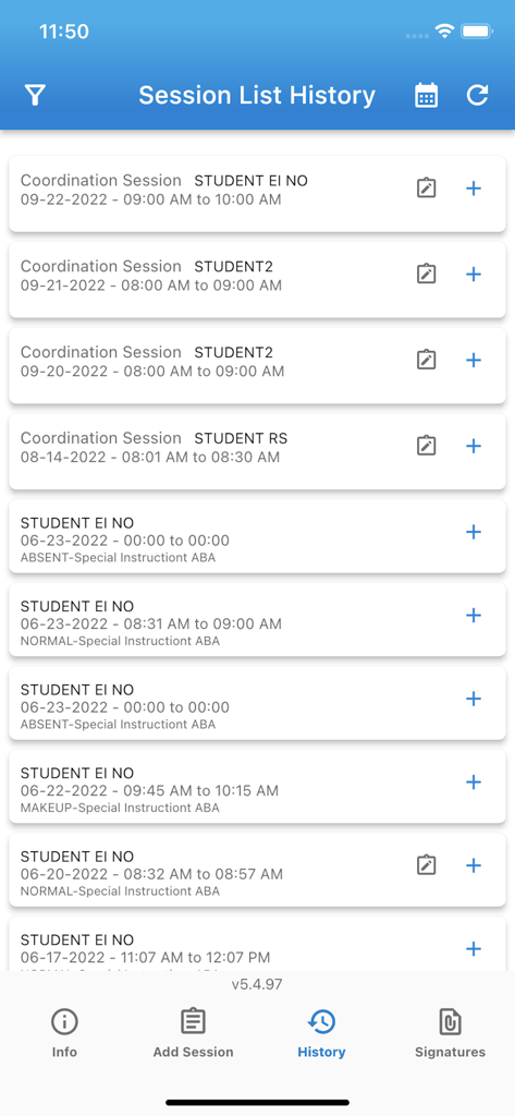 A list of educational session history in the DRAGON Special Ed app showing student names and session times.