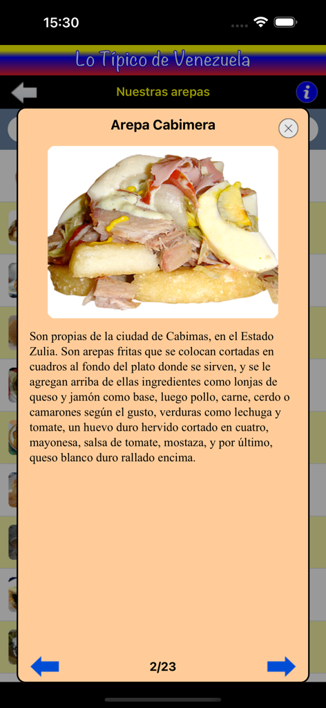 Lo Típico de Venezuela - Detailed description and photo of an Arepa Cabimera in the Lo Tipico de Venezuela app