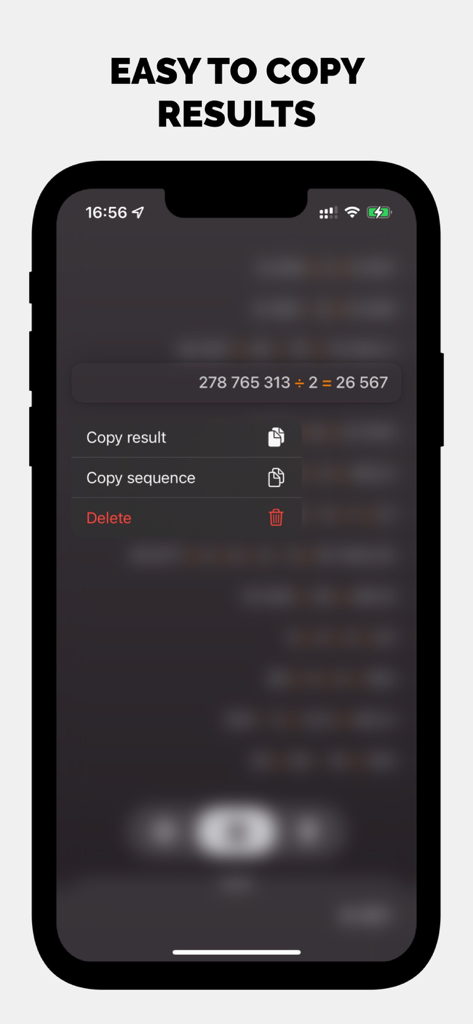Калькулятор Pro + История - Smartphone screen showing the easy copy results feature in a dark mode calculator app