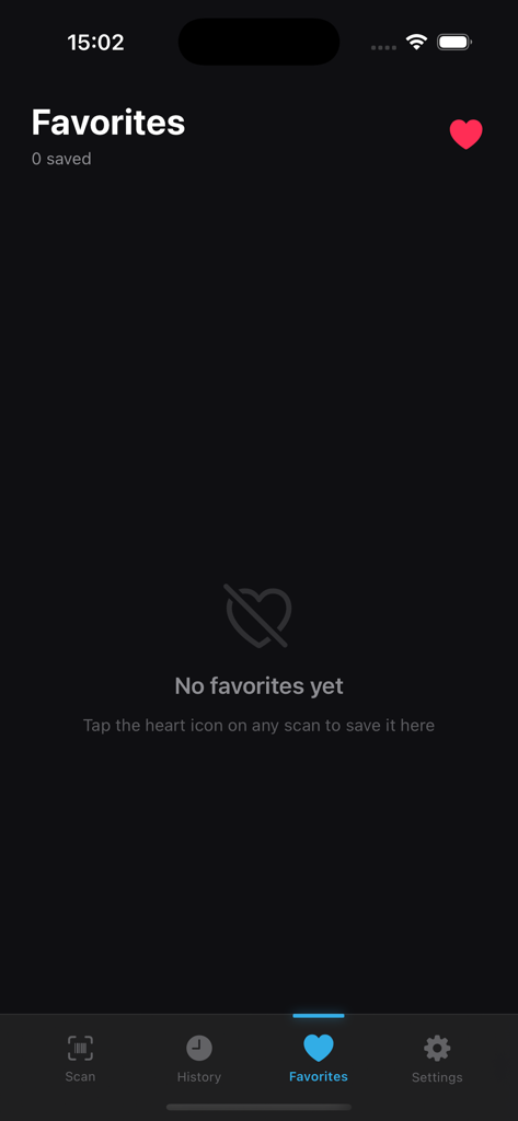 The empty favorites screen of the Easy Barcode Scanner app showing a heart icon.