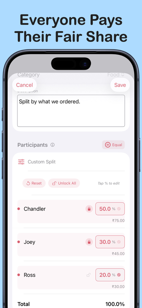 Settle Up - Expense Split - Interfaz de aplicación móvil que muestra la división porcentual personalizada de una factura compartida entre tres participantes con bloqueos inteligentes activados.