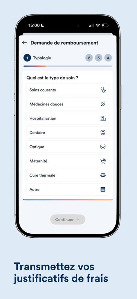 Interface de l'application Vivinter montrant un processus étape par étape de demande de remboursement d'assurance santé avec diverses catégories de soins comme la dentisterie et l'optique.