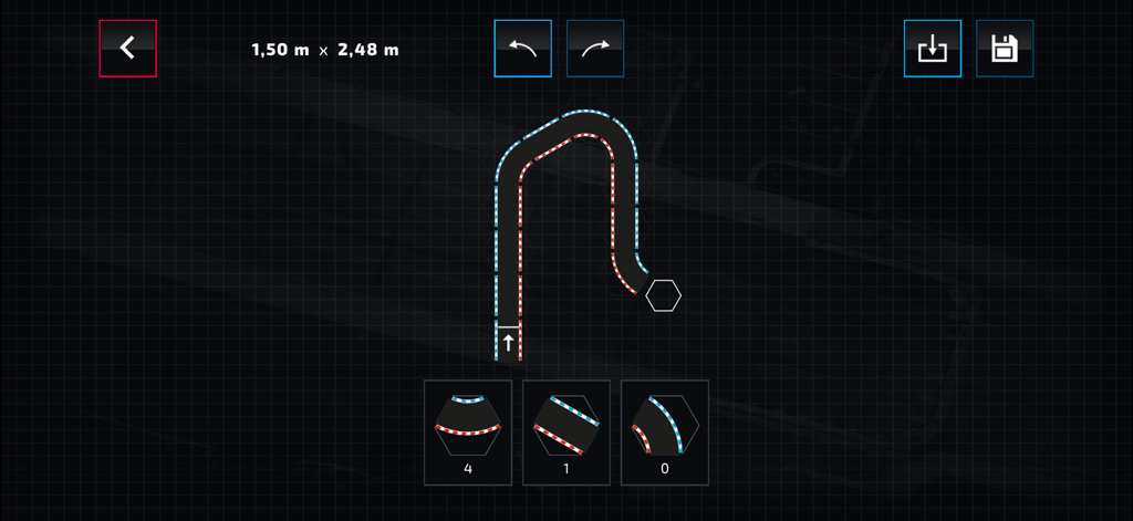 Carrera - HYBRID - Digital track builder interface in the Carrera Hybrid app showing a custom track layout and dimensions