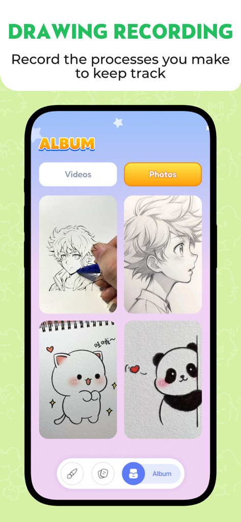 Artflow: AR drawing & Paint - Pantalla de la app Artflow mostrando una galería de procesos de dibujo grabados y bocetos, incluyendo personajes de anime y animales lindos