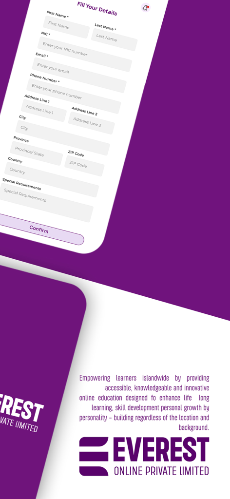 eoe.lk - Registration screen for the Everest Online Education mobile app showing the user details form.