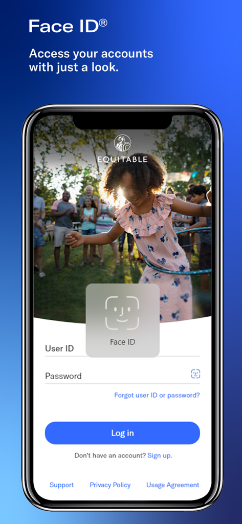 Equitable Mobile App login screen highlighting the Face ID biometric security feature