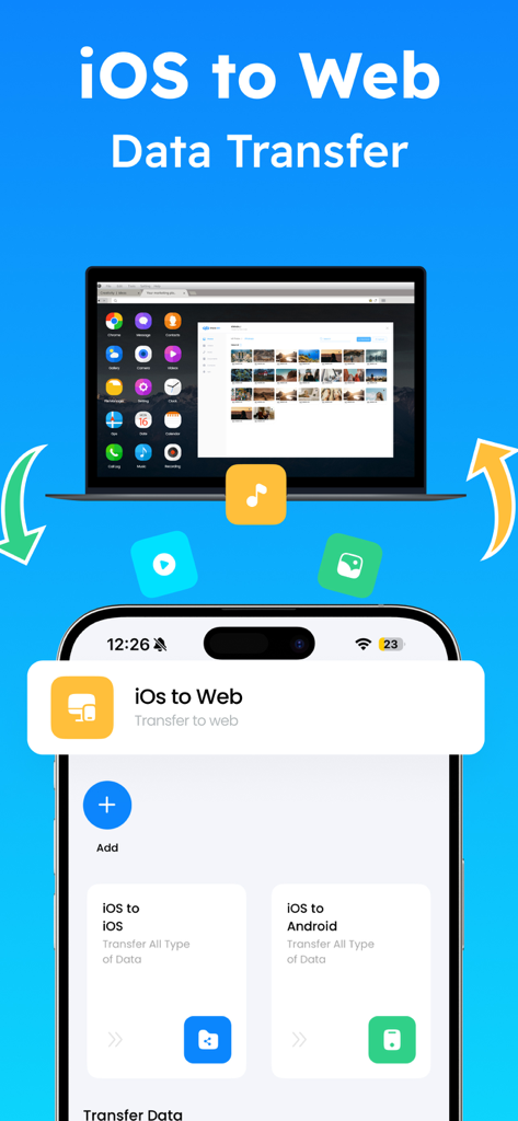 Share Go Mobile Data Transfer - Pantalla de la aplicación Share Go que muestra la transferencia de datos de iOS a la Web desde un iPhone a una laptop