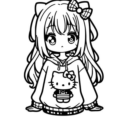 cute anime girl wearing a kuromi from hello kitty sweatshirt