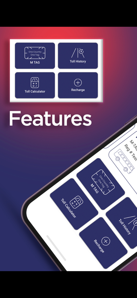 Interface of the M-TAG One Network app displaying core features like Toll History, Toll Calculator, and Recharge options