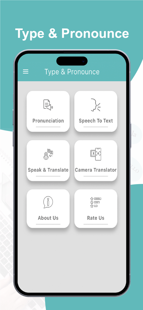 Type & Pronounce Spell Checker - The home screen of the Type and Pronounce app featuring buttons for pronunciation speech to text and translation tools