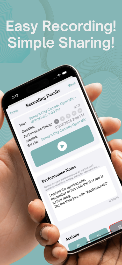 Set List: Standup Manager - Recording details screen in the Set List app showing performance ratings and notes for a comedy set