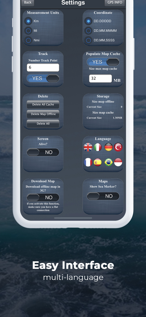 Das Einstellungsmenü der Marine Navigation App mit Einheiten, Koordinaten und Mehrsprachigkeitsoptionen