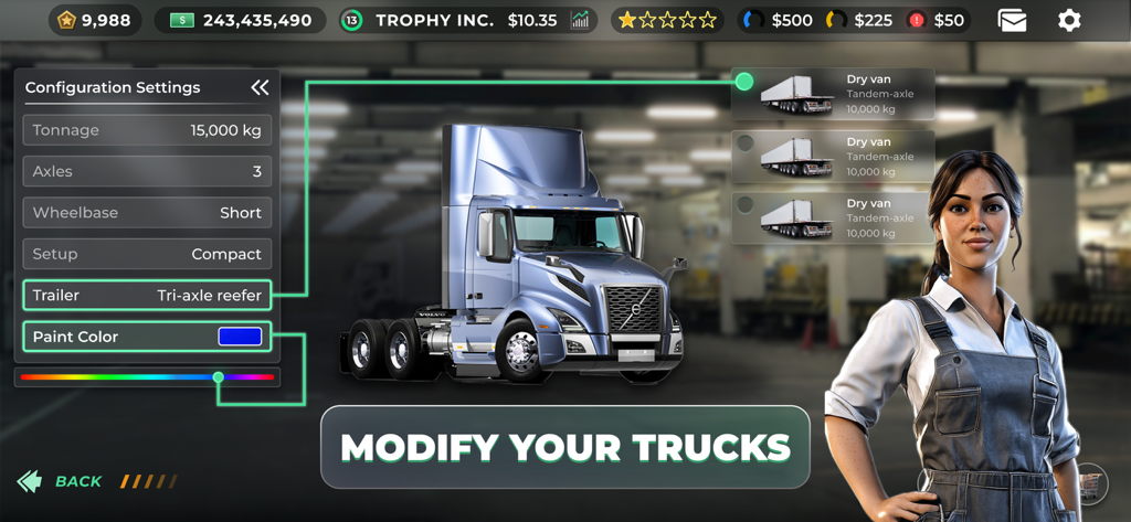 Un camión semi azul siendo personalizado en el menú de configuración de Truck Manager 2026