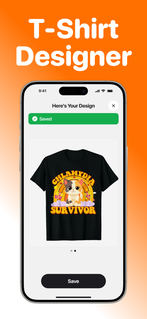 AI生成の猫のグラフィックが付いたカスタムTシャツのモックアップが保存されているのを示すモバイルアプリの画面。