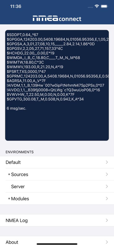 NMEAconnect - Interface de l'application NMEAconnect affichant un flux en direct des trames de données marines NMEA brutes et un menu de configuration