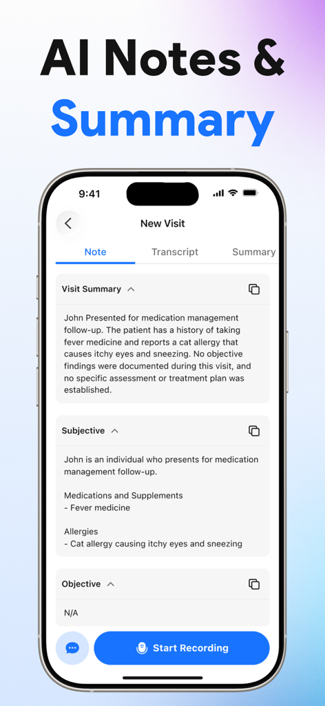 Interface of the AI Medical Scribe app showing automated clinical notes and patient visit summary sections on a mobile device