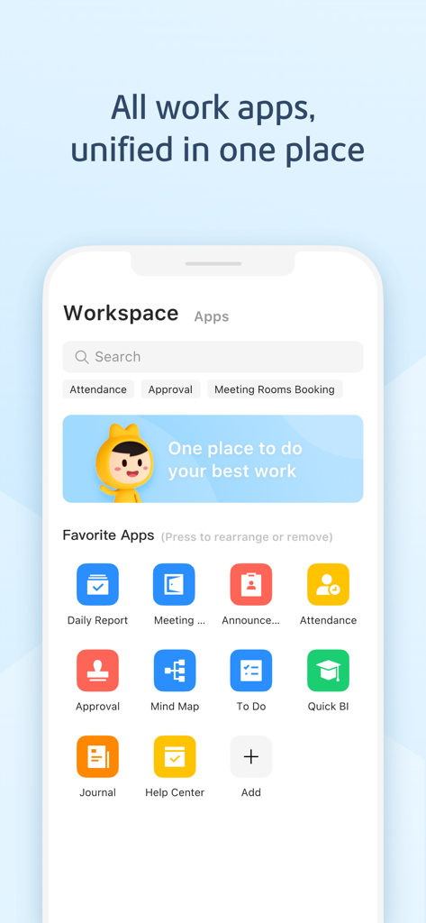 大象-企业移动办公平台 - Screenshot of the Elephant enterprise mobile office platform showing the Workspace interface with various productivity tools like Attendance, Approval, and Daily Report.