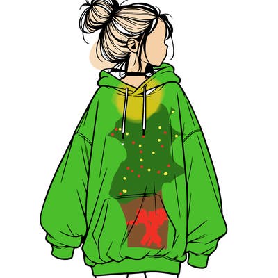 realistic girl with a oversized sweatshirt on and a bun