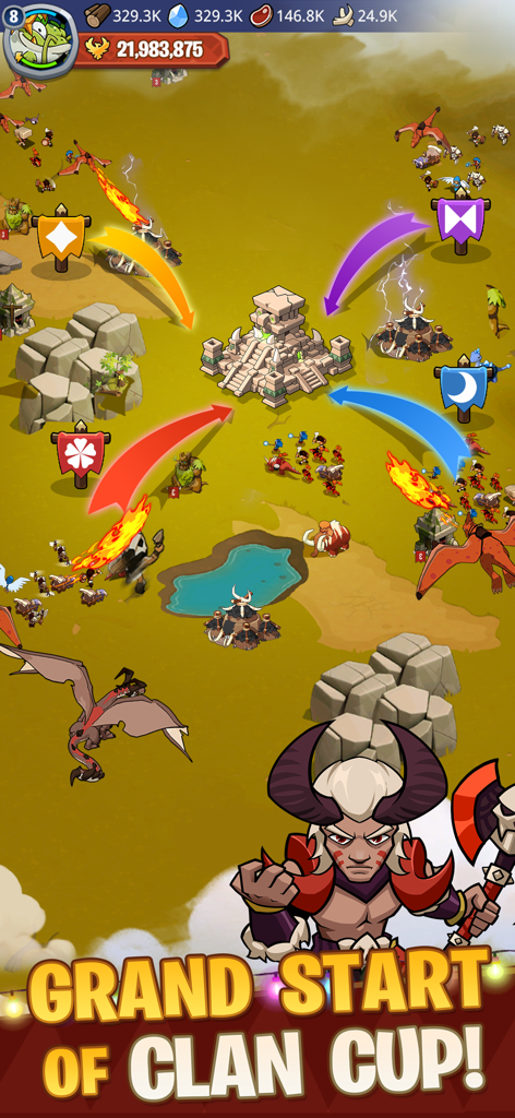 Four prehistoric tribes attacking a central Wonder during the Clan Cup event in Brutal Age