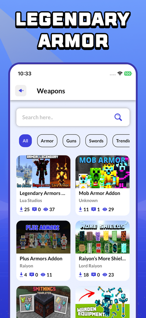 CraftyBox Addon World for MCPE - CraftyBox app interface featuring legendary armor and weapon addons for Minecraft Pocket Edition