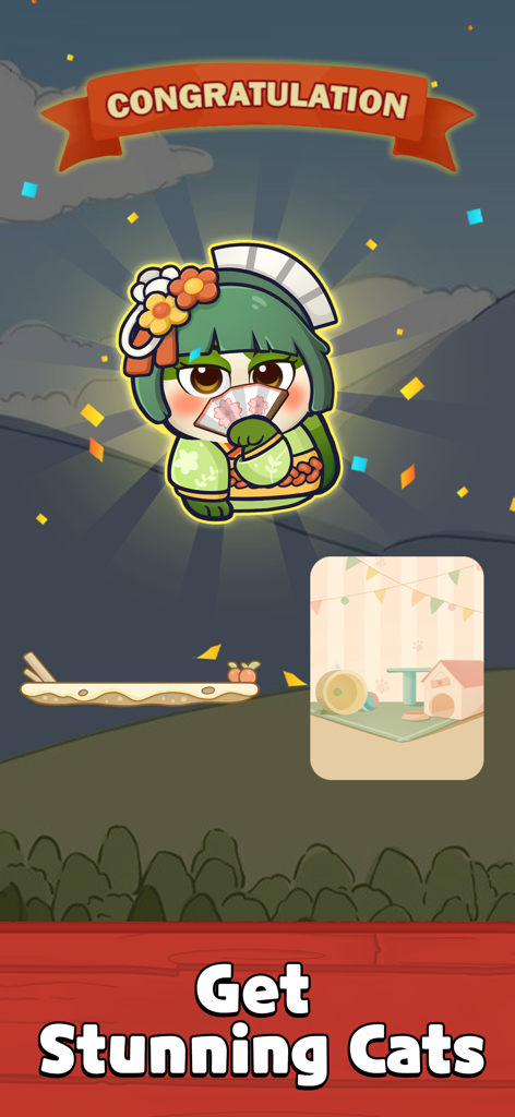 着物を着たかわいい猫キャラクター。新しいスキンをアンロックしたことを祝うバナーが表示されている。