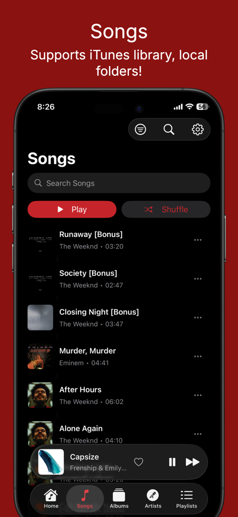 Melosik - local Music player - Melosik music player songs list interface on iPhone dark mode