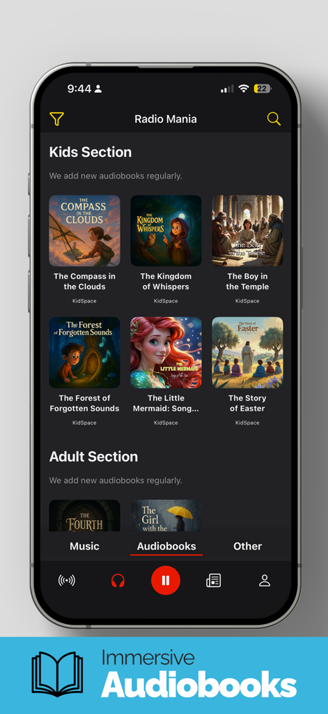 Radio Mania (Sound Hub) - Pantalla del teléfono inteligente que muestra la sección de audiolibros de la aplicación Radio Mania con categorías para niños y adultos.