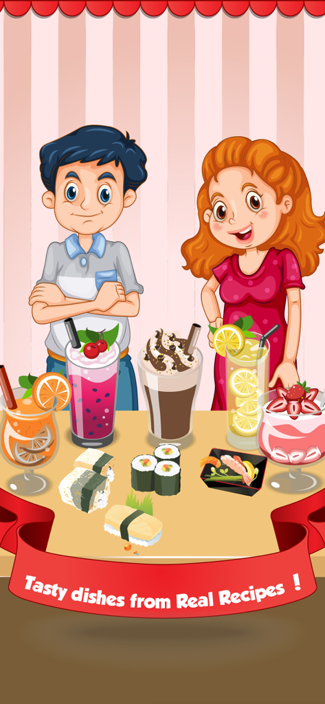 Sushi Maker - Japanese Cooking - Cartoon characters presenting a variety of sushi and colorful drinks on a table