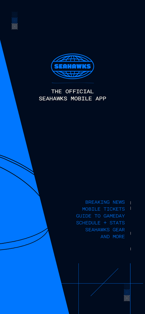 Welcome screen of the official Seattle Seahawks mobile app with a list of features including mobile tickets and breaking news