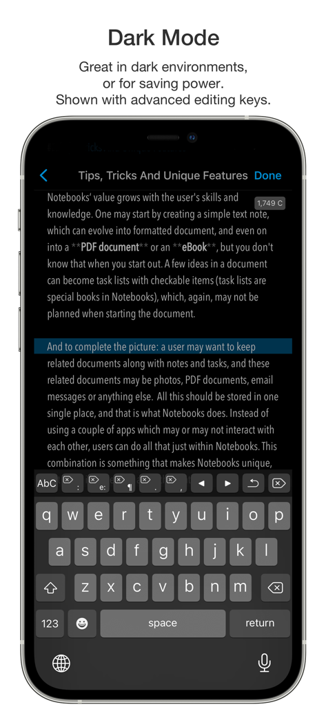 Notebooks – Write and Organize - iPhone screenshot of the Notebooks app in dark mode showing the text editor and advanced editing keyboard