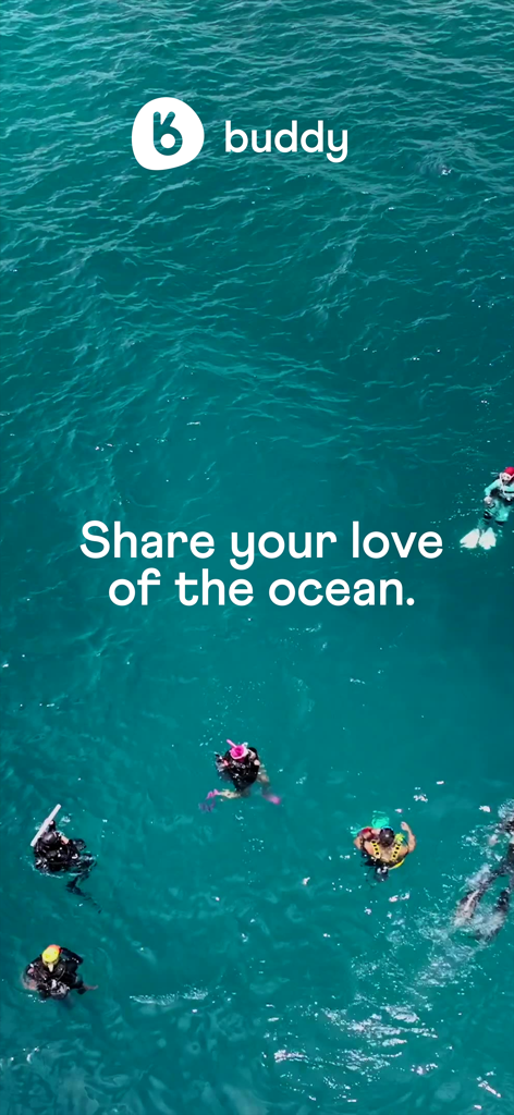Aerial view of scuba divers in turquoise water with the Buddy app logo and the text Share your love of the ocean