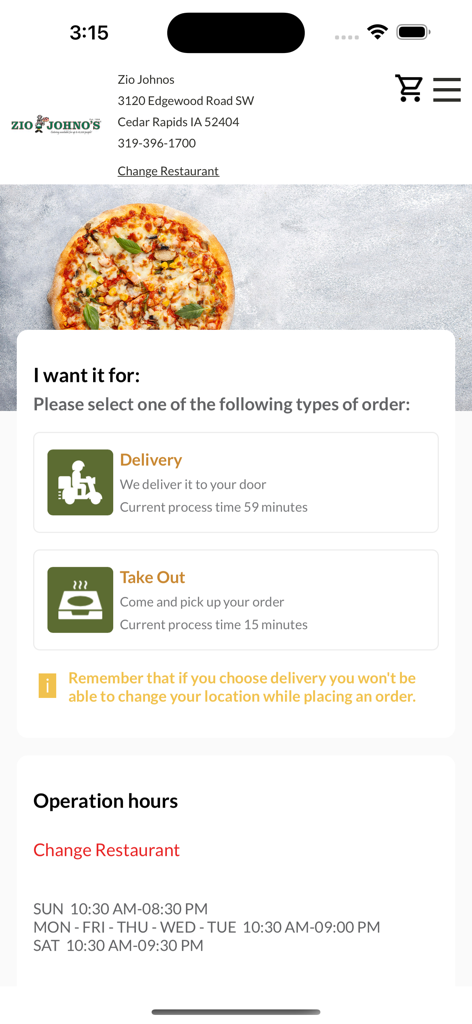 Interfaccia dell'app Zio Johnos che mostra le opzioni per la consegna e l'asporto con tempi di elaborazione stimati e orari di apertura del ristorante