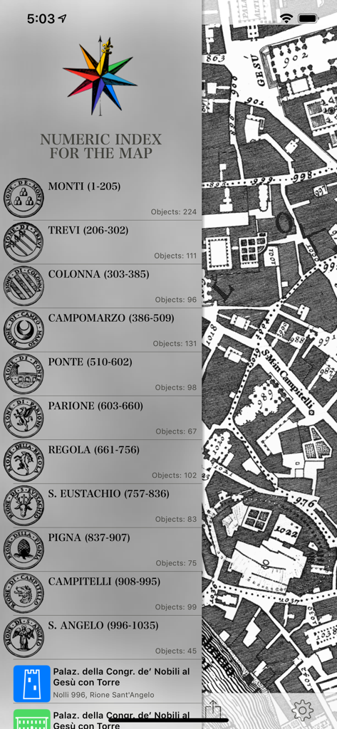 Nolli - Navigate Rome in 1748 - Pantalla móvil que muestra un índice numérico de distritos históricos romanos y una sección detallada del mapa de 1748