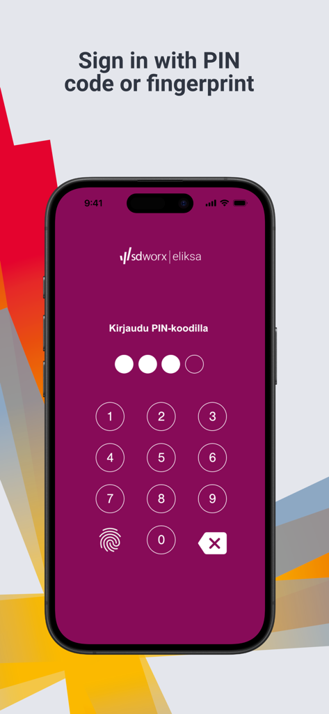 Secure login screen for the eLiksa payroll app featuring a PIN pad and fingerprint authentication.