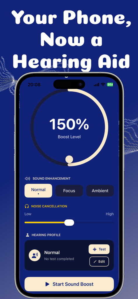 Hearing Aid – Sound Amplifier - iPhoneのサウンドブーストレベル150％とノイズキャンセリング設定を示す、Hearing Aidアプリのインターフェース。