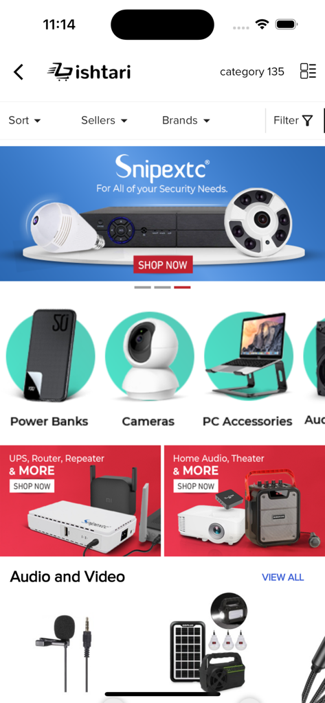 Ishtari mobile app interface displaying electronics categories like power banks and cameras with promotional banners