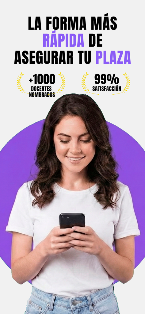 Docente IA: Concurso y SIMO - Woman using a smartphone with promotional text for the Docente IA app for teacher exams