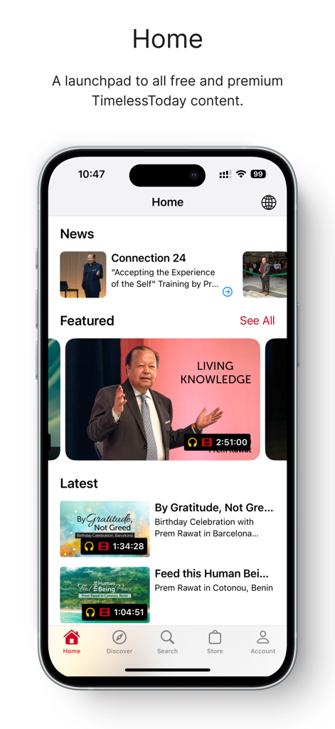Home screen of the TimelessToday app featuring video content and latest news from Prem Rawat.
