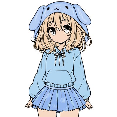pretty anime girl wearing a fluffy hoodie with bunny ears on the hood and a skirt