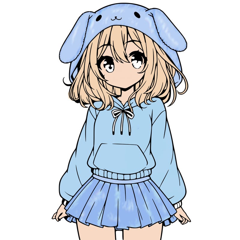 pretty anime girl wearing a fluffy hoodie with bunny ears on the hood and a skirt